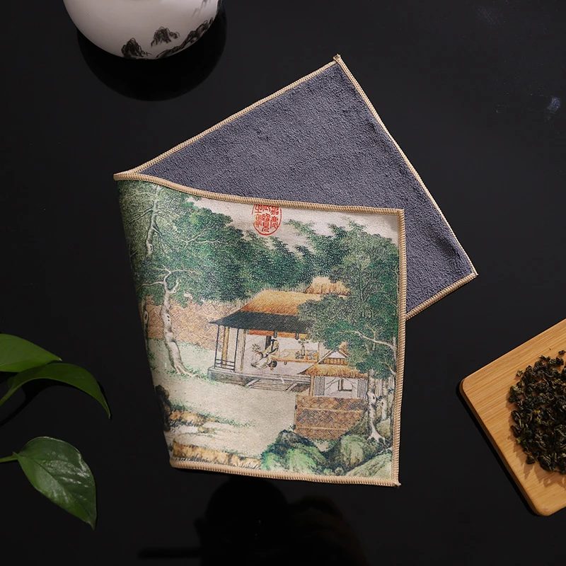 Chinese Painted Thicken Tea Towel Super Absorbent Rag Table Cleaning Tea Cloth Mats Bowl Teapot Tea Napkin Home Desktop Decor