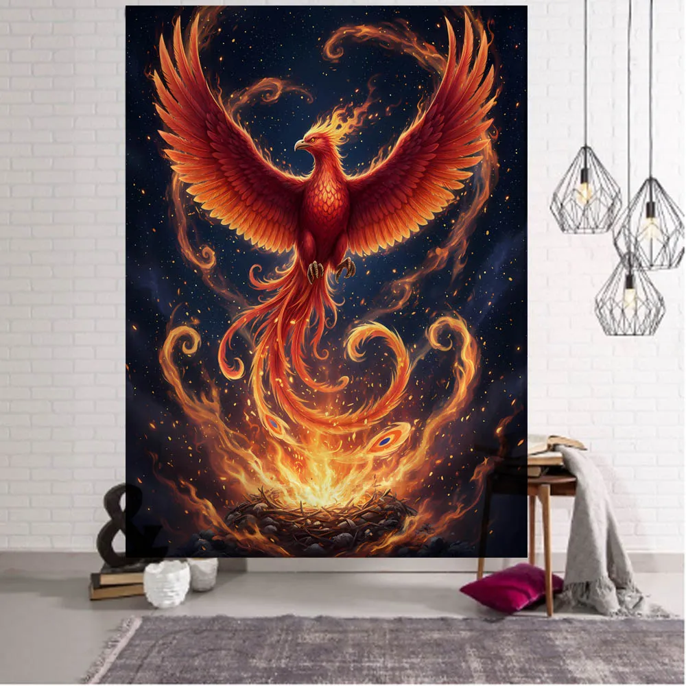 

The living room and bedroom are decorated with starry sky patterned flame phoenix tapestries and dreamy wall decorations