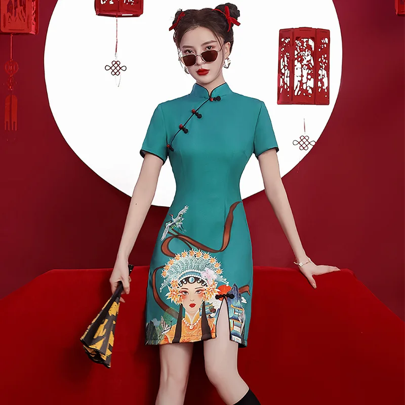 

2023 Summer Chinese Traditional Opera Handsome Girls Cheongsam Cute Elegant Print Slim Performance Evening Qipao Dress for Women