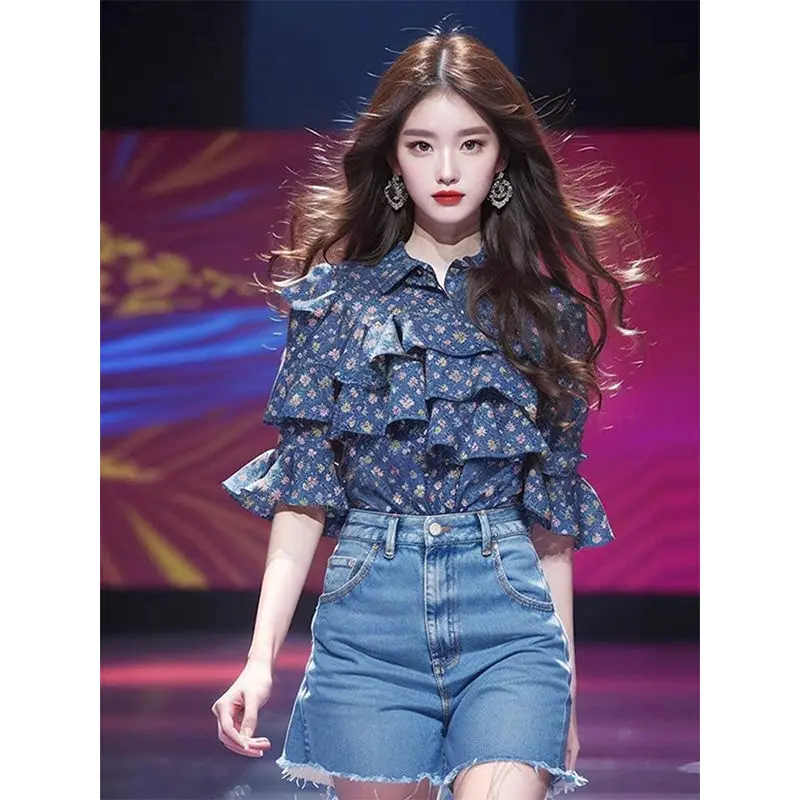 Corea nuove donne di modo camicie manica corta Casual signora belle donne top donna camicia floreale femminile OL alla moda