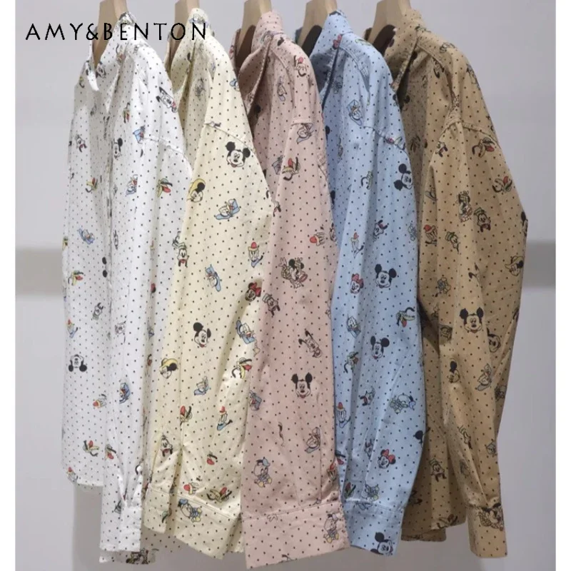 Full Body Polka Dot Age-reducing Cartoon Shirts New 2024 Autumn Loose Medium And Long Cotton Long-sleeved Blouse Women's Clothes