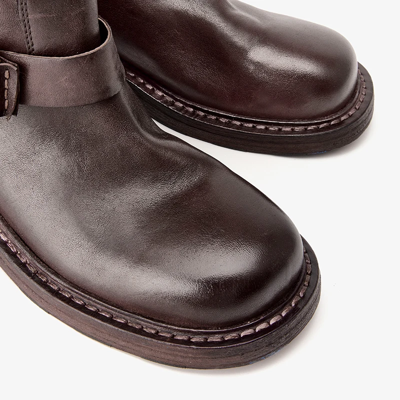 BEAUTODAY منتصف العجل أحذية النساء حقيقية الحصان الجلود الخياطة تصميم بلون الانزلاق على أحذية السيدات اليدوية 03158