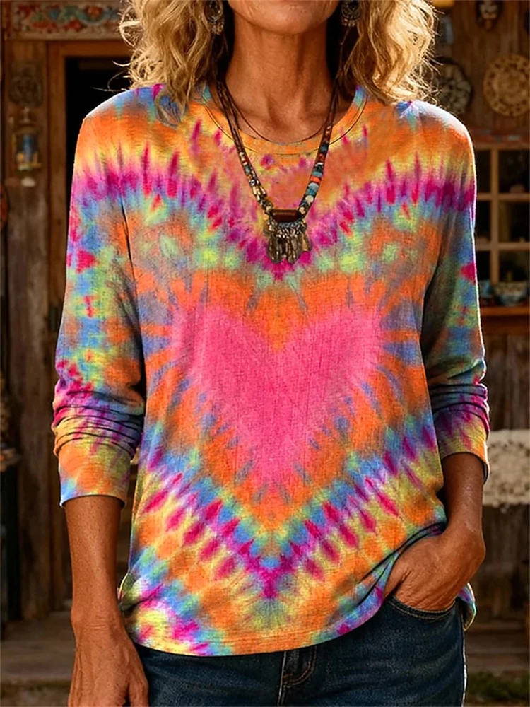 Women's Long-Sleeve T-Shirt New for Autumn 2026 Stylish Ombré Design Daisy Peace Sign Tie-Dye Print Bohemian-Style Top