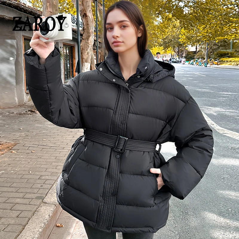 

ZAROY 2026 Winter Women Winter Jacket With Belt Thick Warm Cotton Padded Coat Solid Hooded Parka Casual Down Coat куртка