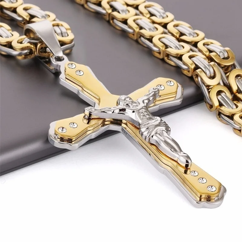 Fashion Double Layer Cross Necklace Jesus Statue Pendant Hip Hop Necklaces for Men Cross Jewelry Accessories Anniversary Gift