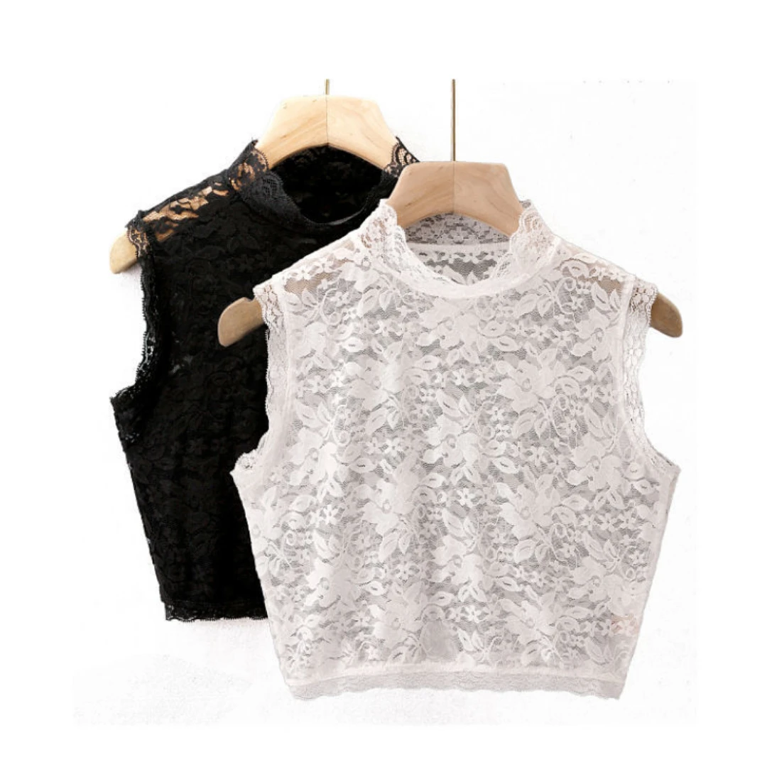 Sexy Mesh Lace Shirt Half Turtleneck Wrap Neck Stand Collar Crop Top Women Summer Casual T Shirt Basic Ribber Short Sleeve Tops