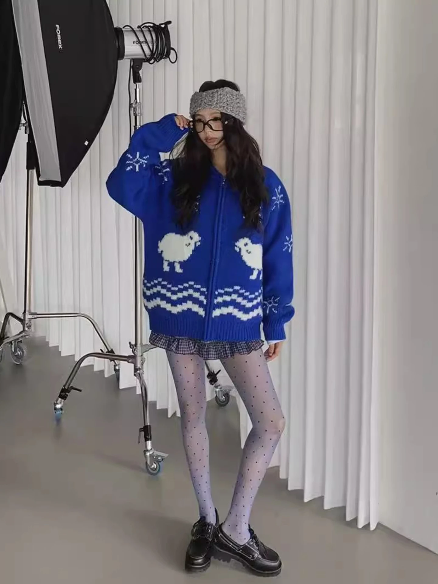 رائعتين مكافحة الشيخوخة اللون بلو الكرتون محبوك سستة Jaet المرأة فضفاضة تناسب شتاء جديد Sle طويل Sve سترة معطف #4