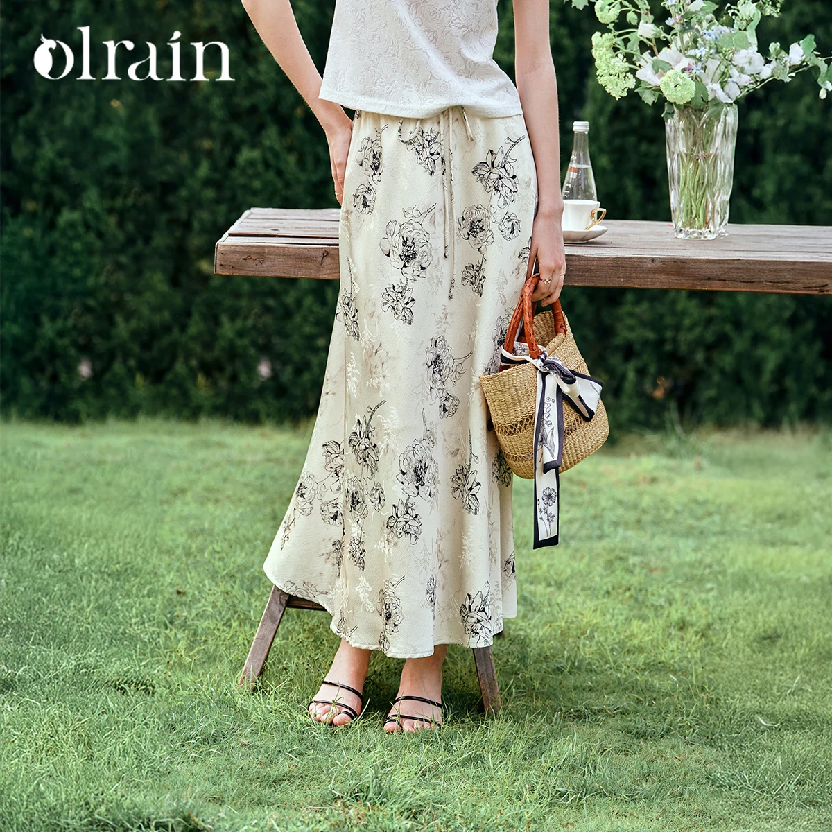 

OLrain Women's Summer Midi Dress Elegant 2026 Summer French Floral Jacquard Lace-up High-waisted Skirts Woman Clothes O57XB89689