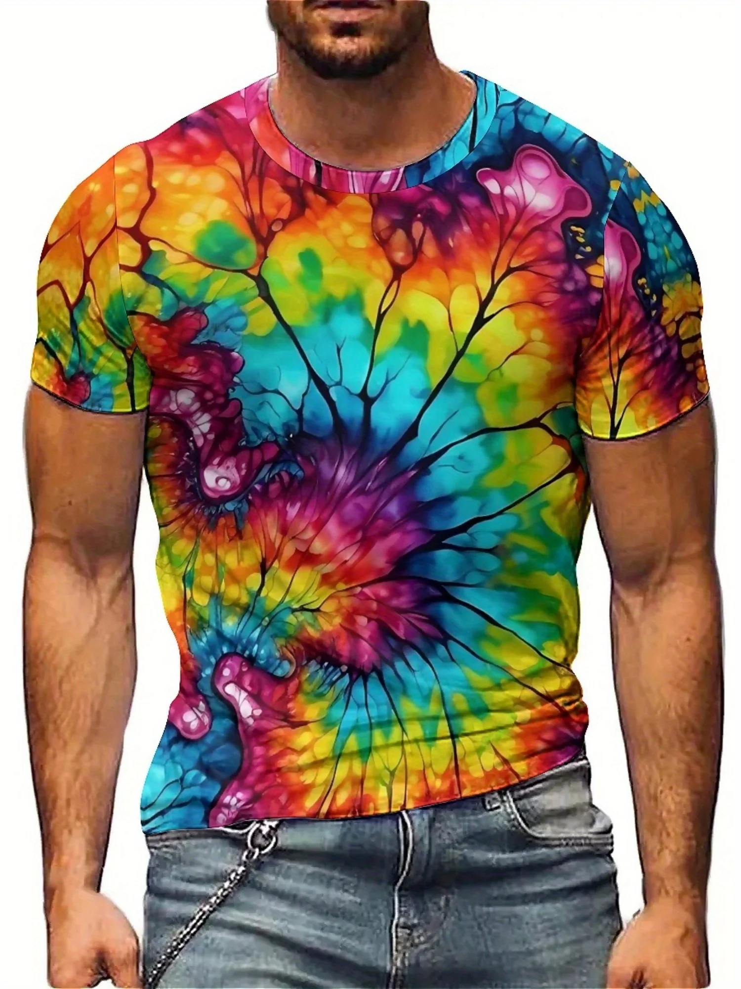 

Мужская футболка с 3D-принтом Vibrant Tie-Dye — мягкая, удобная полиэфирная ткань, короткий рукав, круглый вырез, красочный абстрактный дизайн
