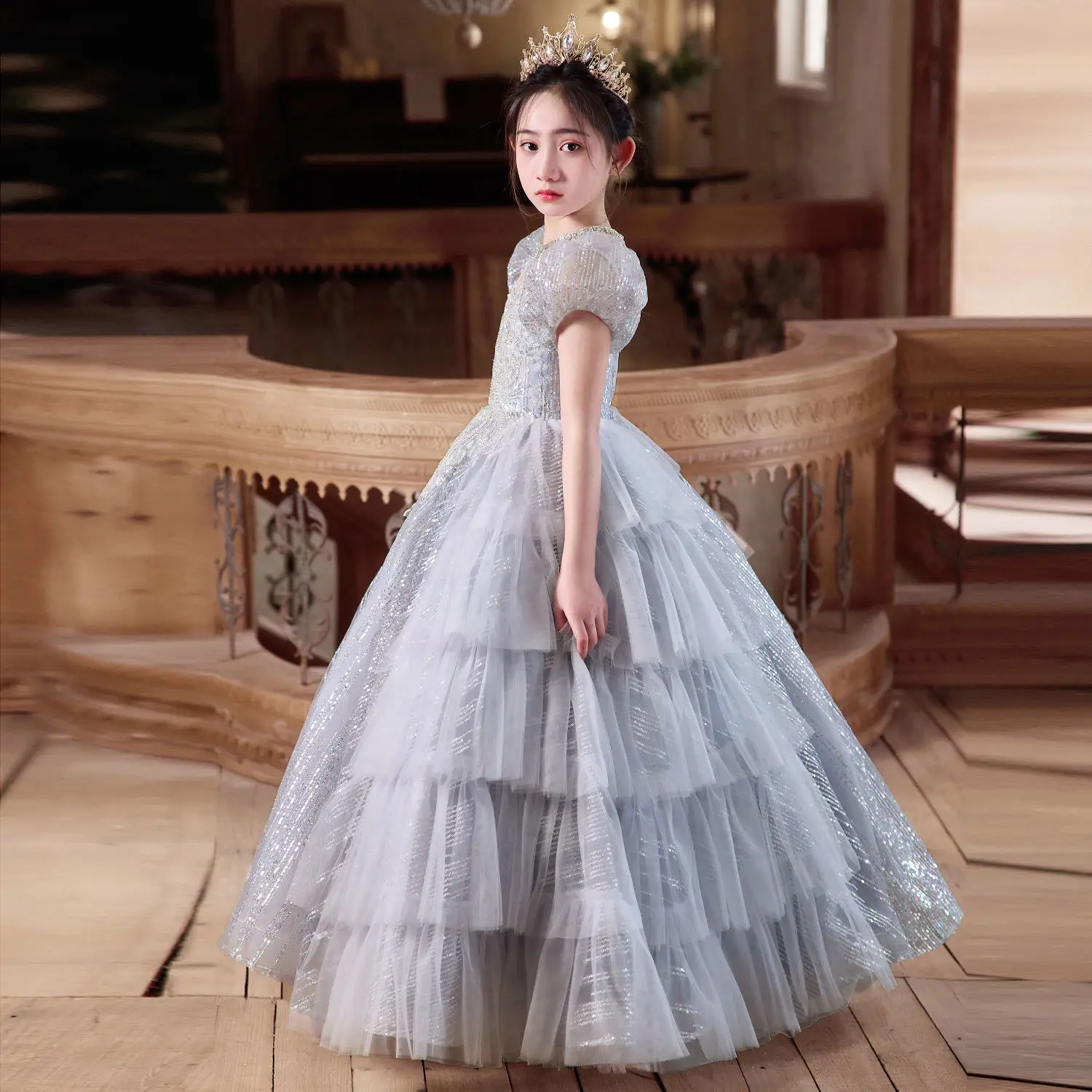 Baby Girls Summer Sweet Shiny Princess Shiny Blue Elegance Piano Performance  Birthday Party Clothes Mesh Long Dress Skirts