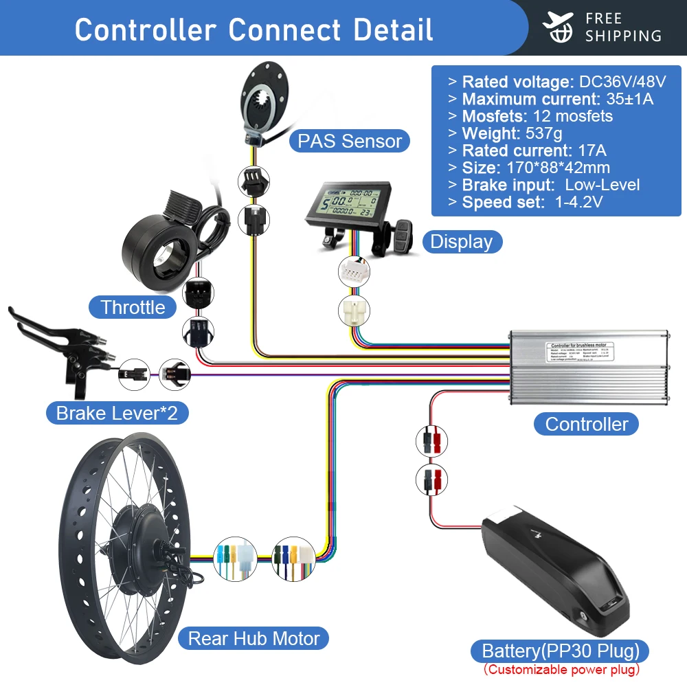 Fat Tire Ebike Conversion Kit 48V 1500W Rear Rotate Gearless Hub Motor Snow Bike Kit 20/24/26 inch Electric Bike Conversion kit