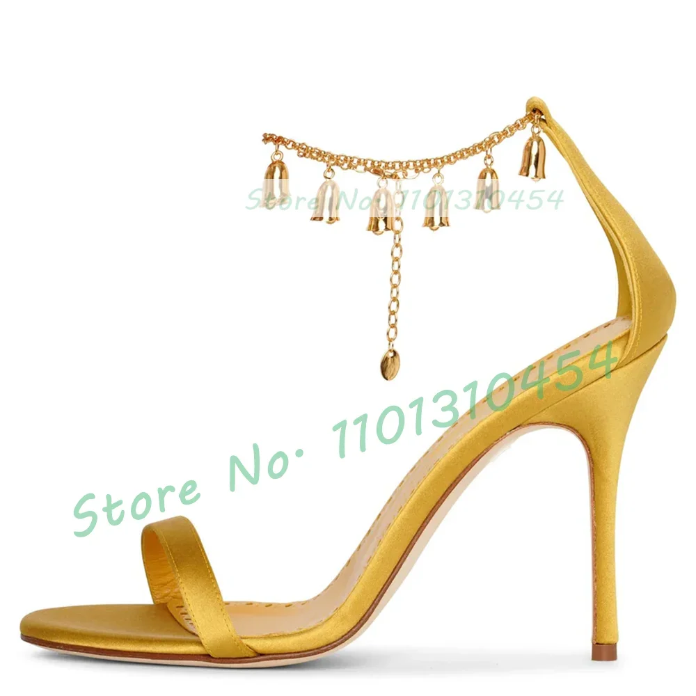 

Yellow Satin Metal Bell Chain Sandals Women Chic Classy Open Toe Casual High Heels Sandals Female Ankle Strap Luxury Party Shoes