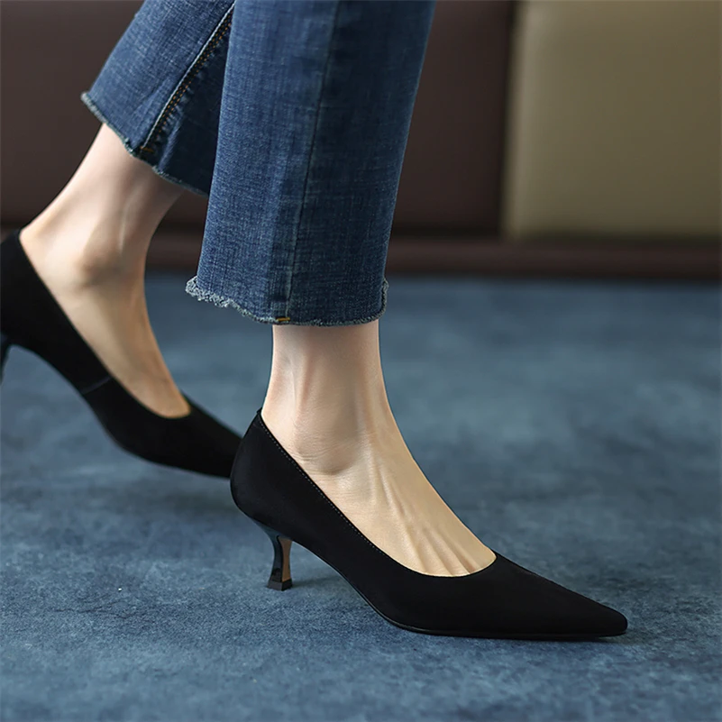 Meotina Genuine Leather Women Shoes Kid Suede Thin Heels Pumps Pointed Toe High Heel Ladies Footwear 2022 Spring Khaki Green 42