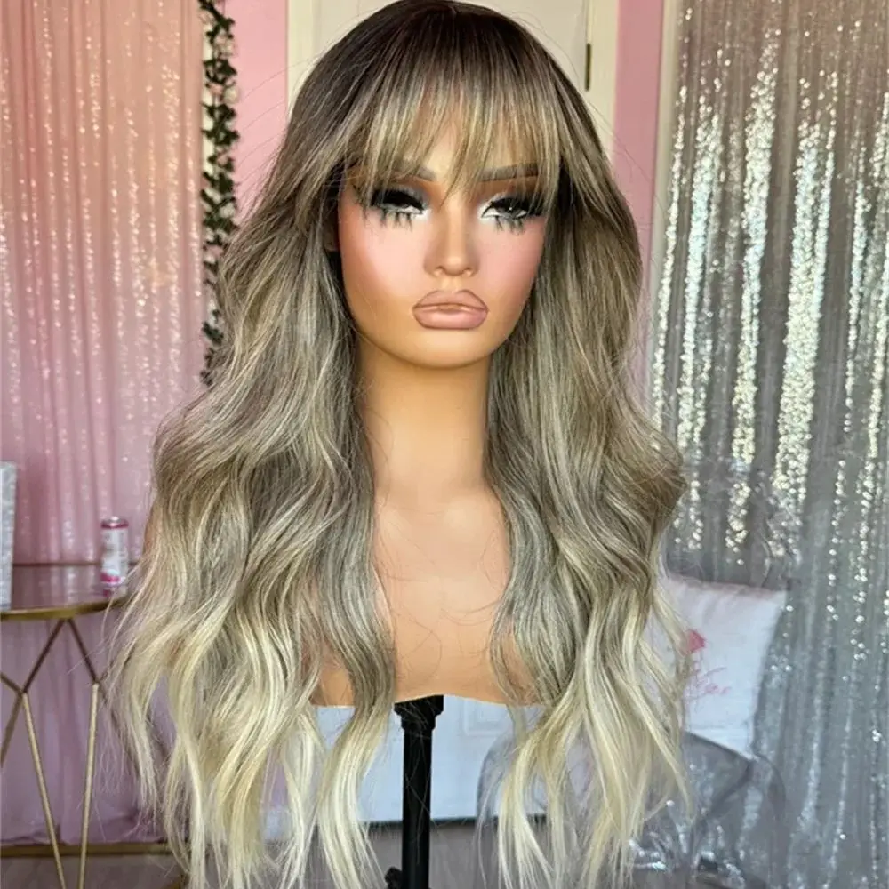 

Натуральный парик с челкой омбре-блонд для женщин, синтетический, с HD-кружевной передней частью, термостойкое волокно, реалистичный, безклеевой парик с челкой