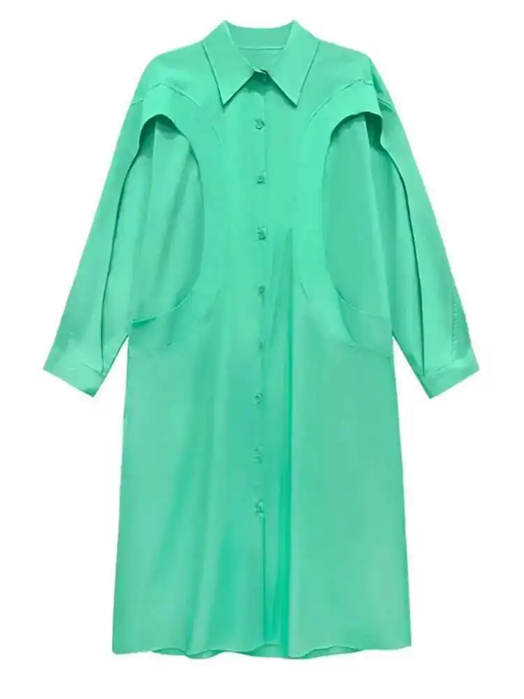 Abito camicia midi da donna verde rosa rosso impiombato di grandi dimensioni nuovo bavero manica lunga moda marea primavera autunno