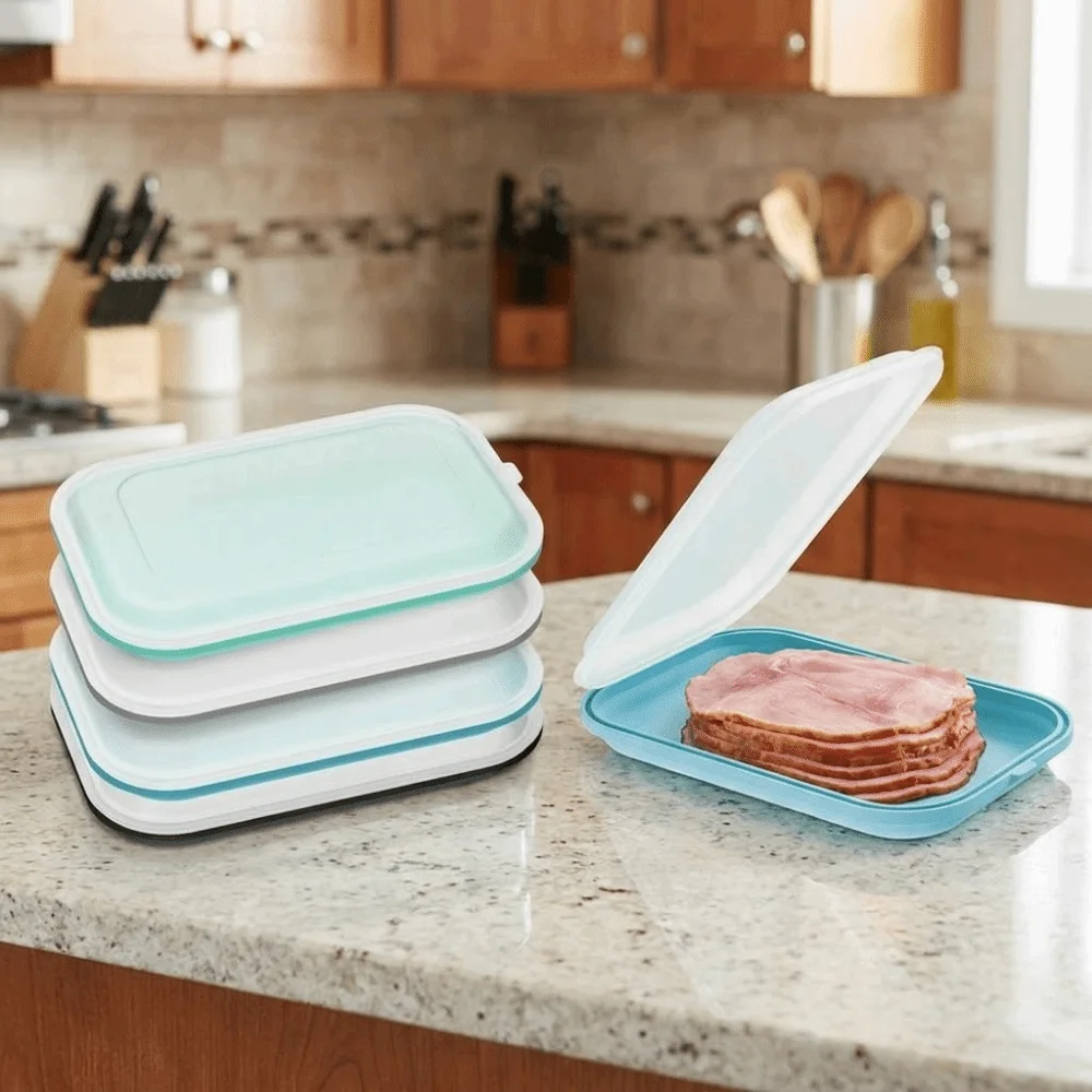 2PCS Silicone Fruit Vegetable Preservation Box Keeping Fresh Reusable Frozen Meat Packaging Box with Lid Stackable