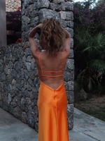 Orange Satin Lace Up Sling Long Dresses Women Fashion V Neck Backless Sleeveless Maxi Robe Summer Female Evening Party Club Gown
