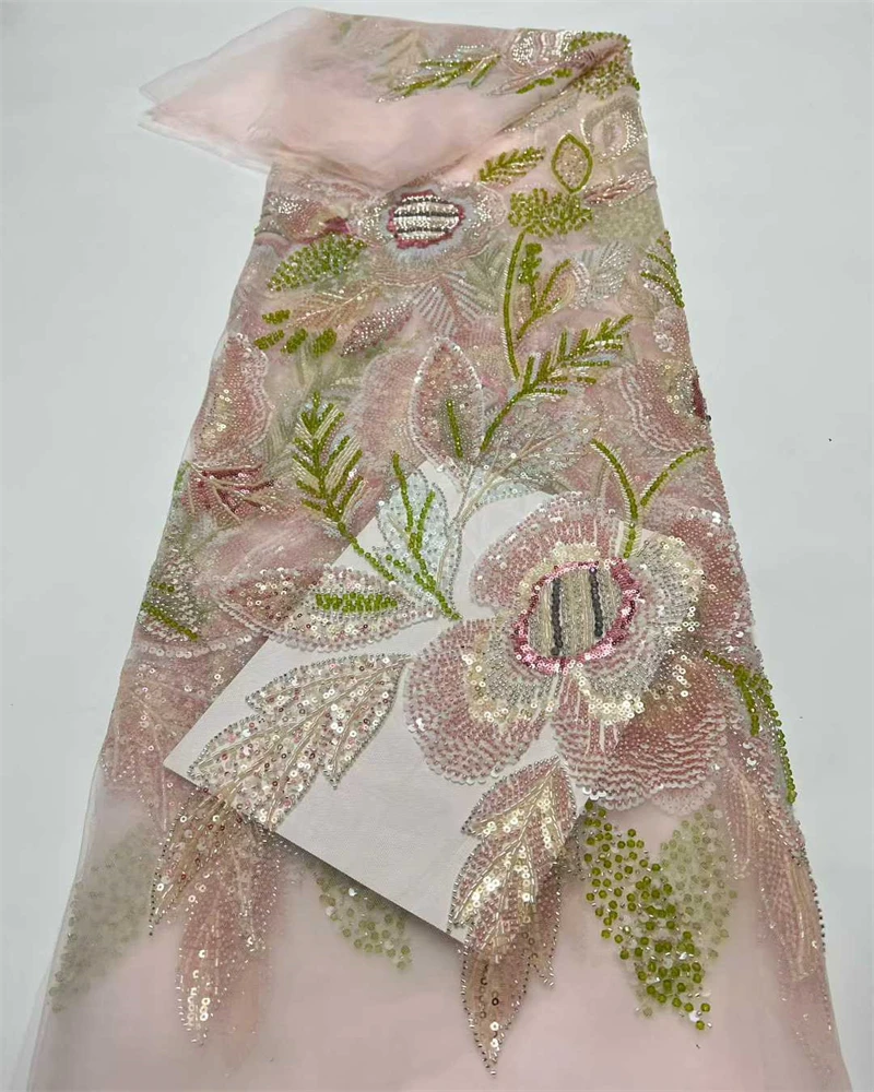 

Luxury African Beaded 2025 High Quality Nigerian 3D Fiowers Lace French Tulle Sequins Lace Fabric For Party Dress Sewing