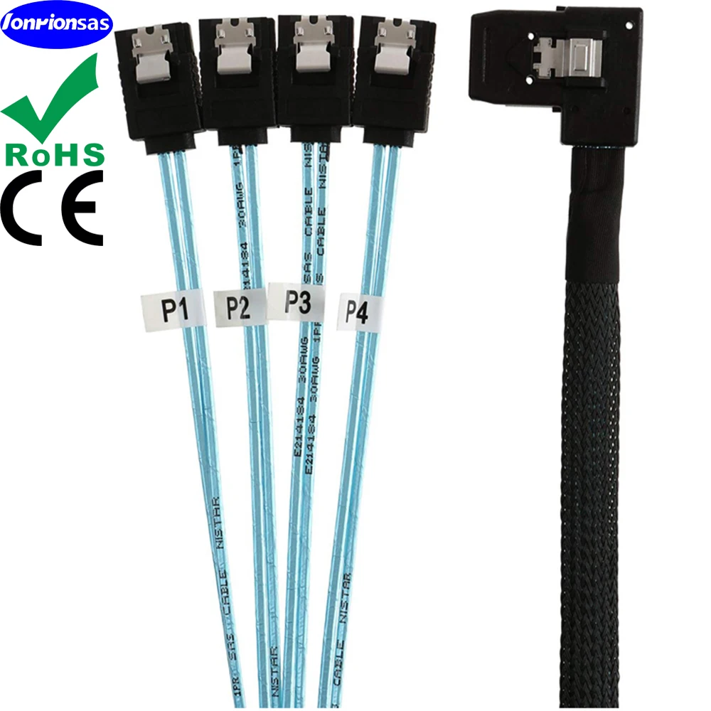 LONRIONSAS#Mini SAS HD 36Pin SFF 8087 left angle Male to 4 SATA 7Pin Female 180 degree breakout Cable