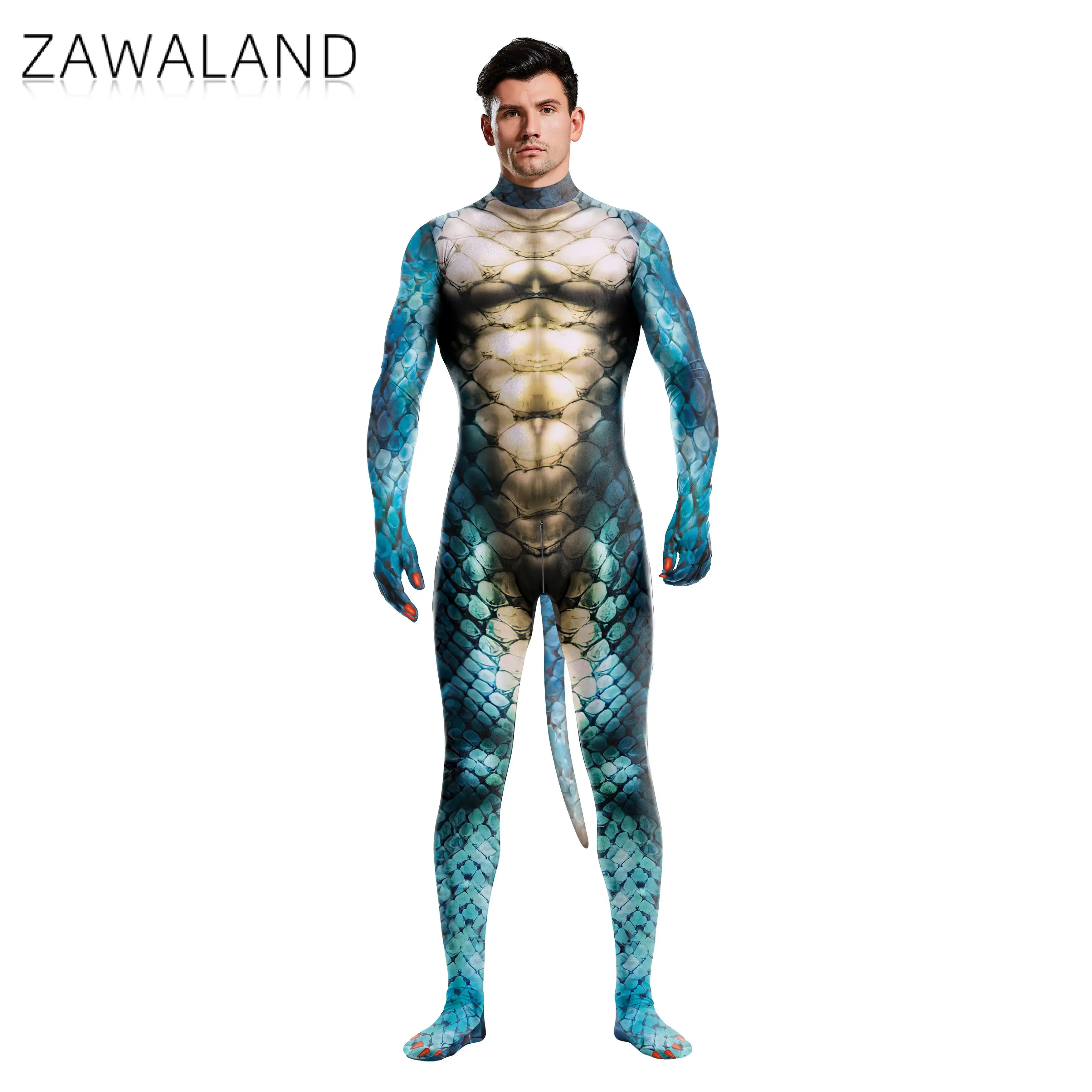 Zawaland Men Blue Snake Cosplay Costume with Dog Tail Animal Printed 3D Zentai Bodysuits Sexy Jumpsuit Halloween Party Outfit