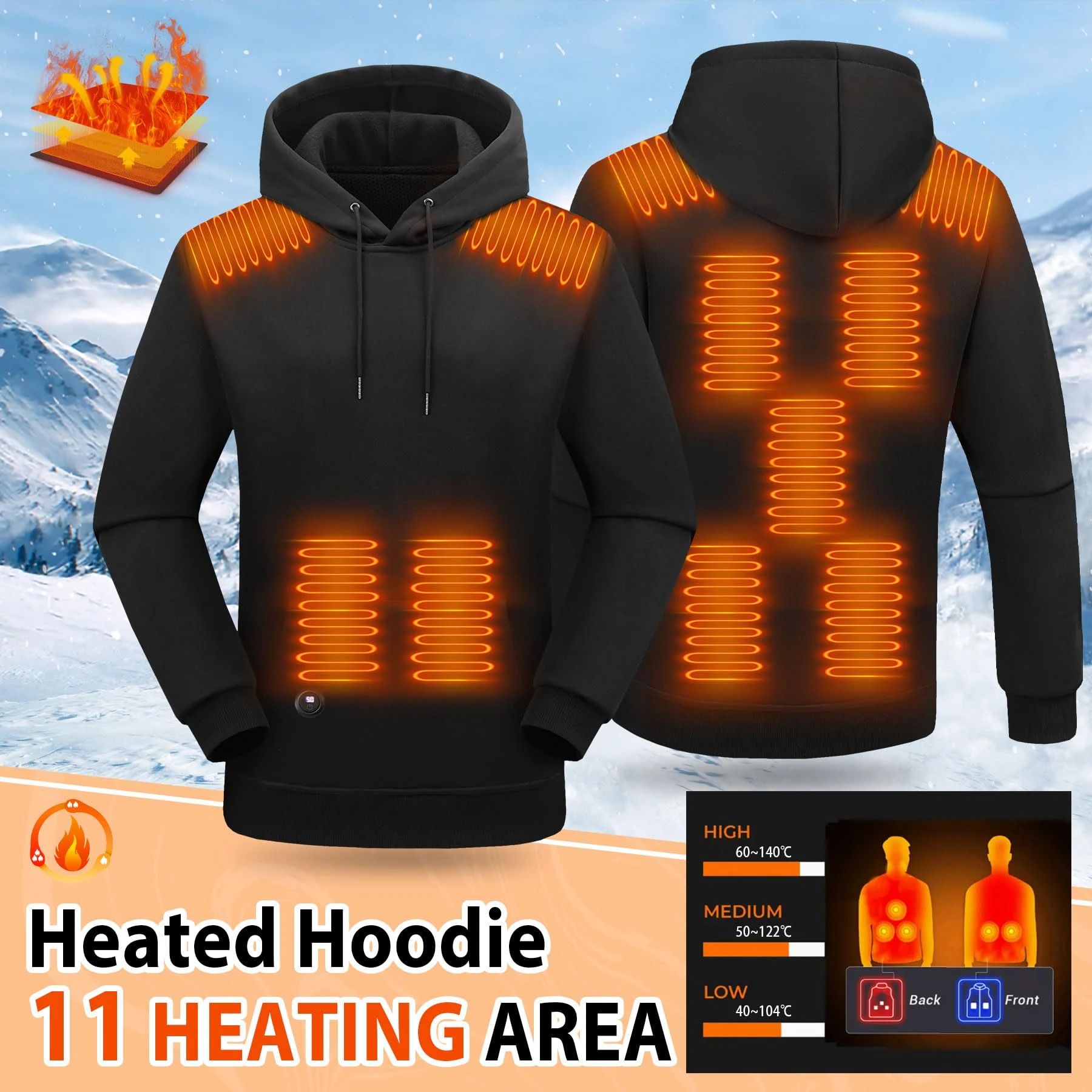 Smart Heated Hoodie With 11 Heating Zones, 3 Adjustable Temperature, Quick Warm-Up Casual Solid Color, Long Sleeve, Hooded Sweatshirt For Men Women Winter Outdoor Activities, Travel, Hiking, Cycling, Skiing, Christmas Gift (Batteries Not Included)
