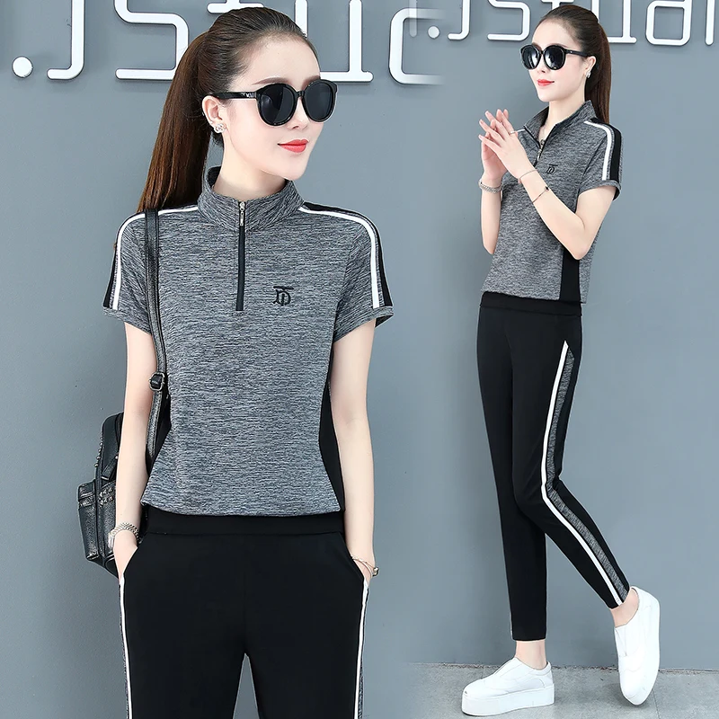 캐주얼 아이스 실크 퀵 드라이 여름 얇은 패션 엄마 의상 여성용 투피스 세트 스포츠 루즈핏 긴 바지