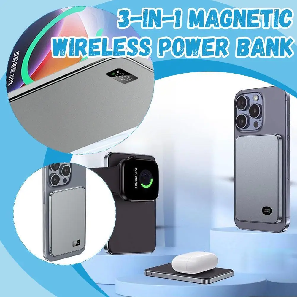 3-in-1 Magnetic Wireless Charging Bank Power Bank 10000mAh Portable PD 20W Fast Charging PowerBank For iPhone 16 Pro Max