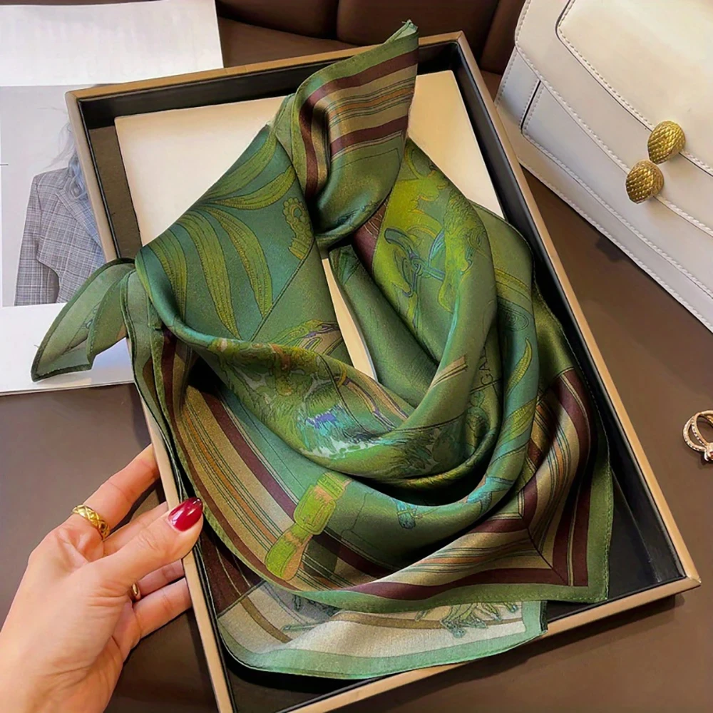 Luxury Green Print Square Scarf Simulated Silk Thin Satin Neck Scarf Elegant Ladies Professional Decorative Small Scarf