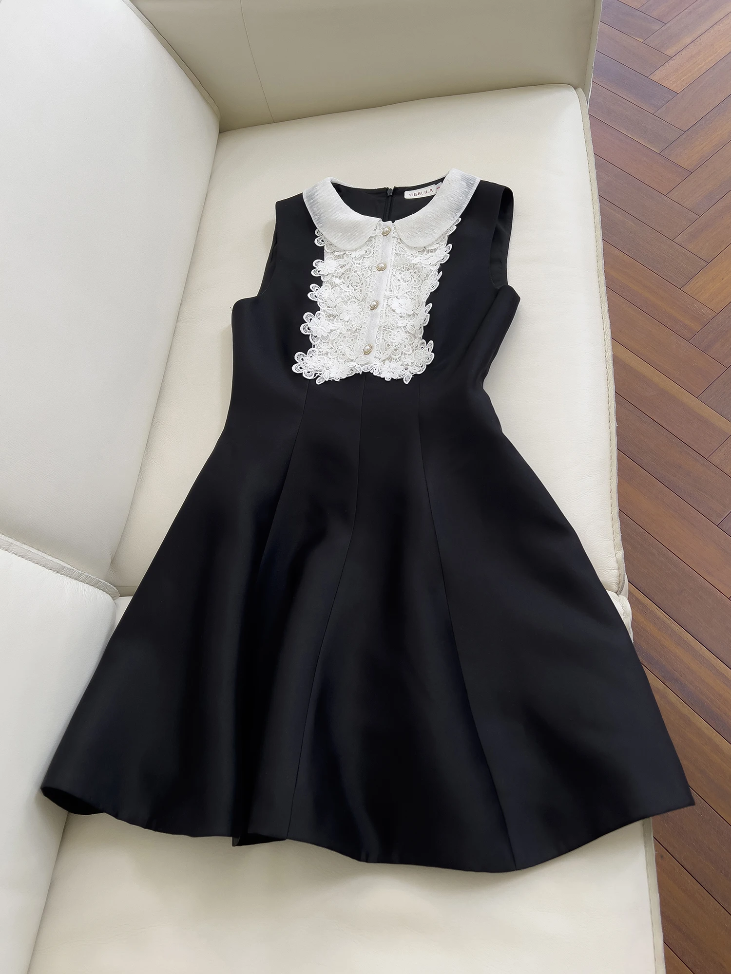 فستان أسود قصير بدون أكمام بتصميم عتيق مع ياقة دانتيل، تنورة قصيرة على شكل حرف A من ألياف البوليستر، أسلوب حلو للمناسبات العا...