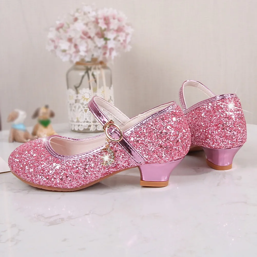 Princess Kids Girls Party Shining Dance Shoes Anti-slip Soft Children Sequins High Heels Shoes Birthday Holiday Casual Shoes