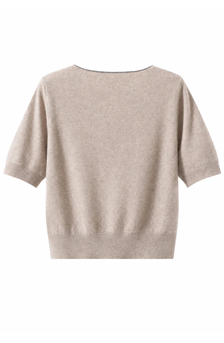 BD3621750 Damen-Pullover aus 100% Kaschmir mit V-Ausschnitt, kurzen Ärmeln, hängendem Kettendetail, weich, dezenter Luxus, elegant, für den frühen Herbst. – Detail 17