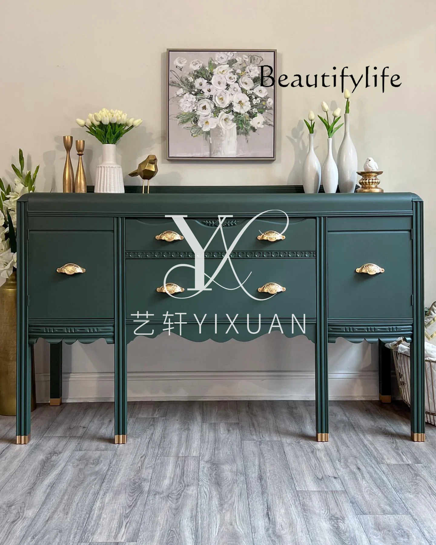 Rr ZY الفرنسية الرجعية خشب متين منحوتة الشرفة خزانة غرفة المعيشة الأمريكية ديكور المنزل الطعام خزانة جانبية الفن جدار تخزين الكابينة #5