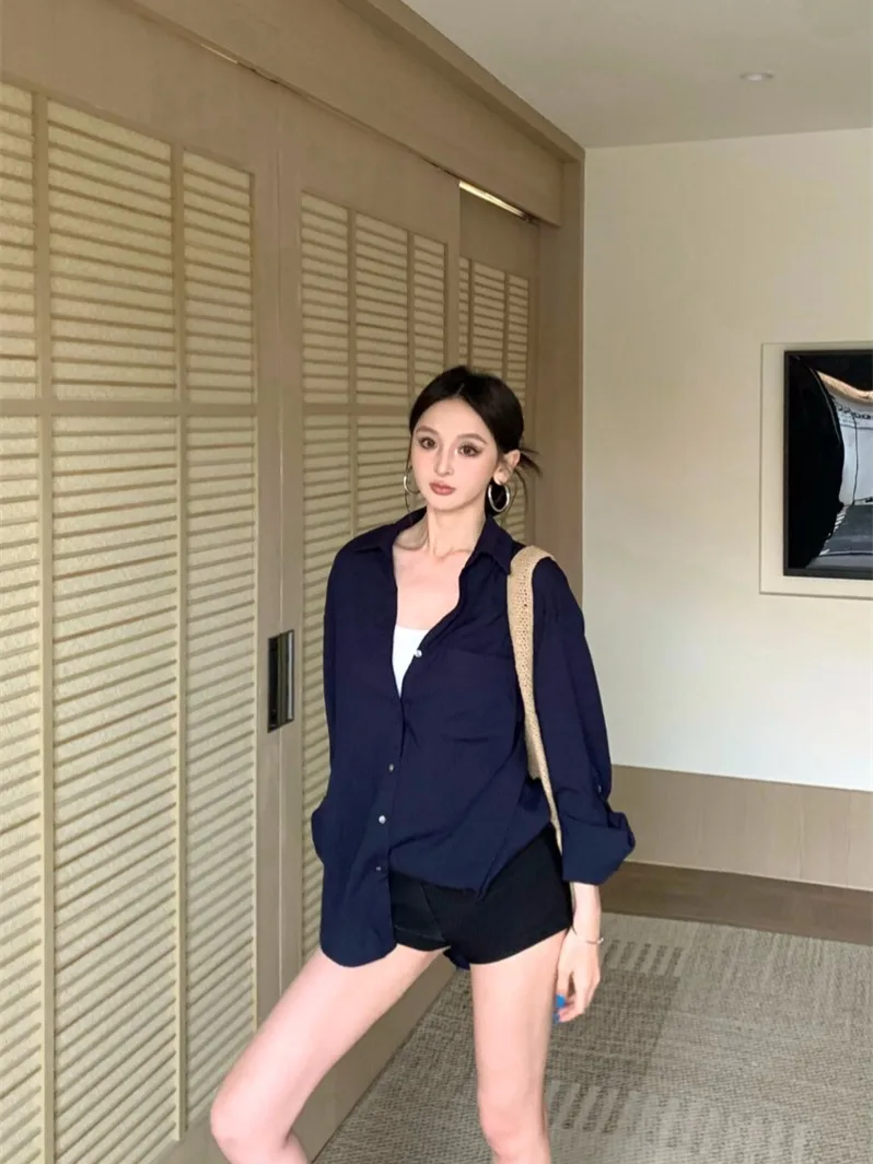 

Loose Women's Blue Shirt Single Button POIO Collar Summer Casual Sun Protection Top Korean Style Fashion Ladies' Shirt