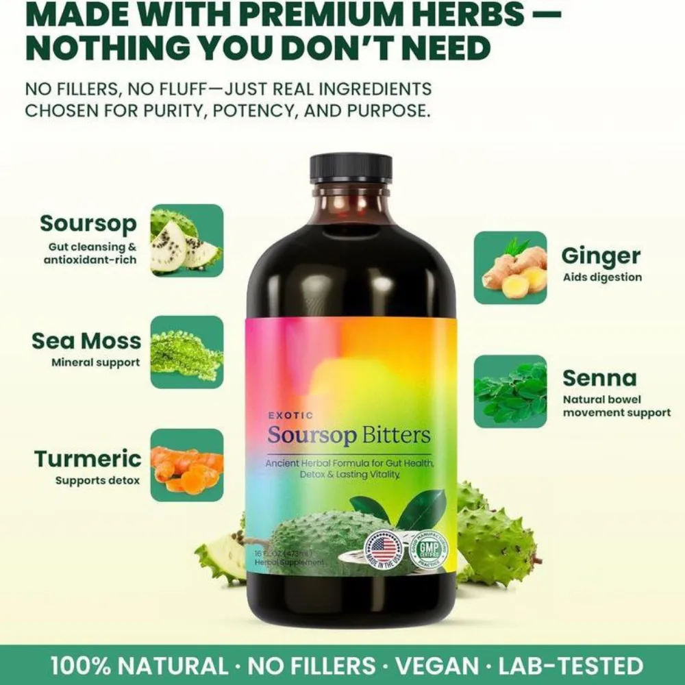 Bitter de Guanábana Líquido Orgánico Herbal con Semilla Negra y Moringa, Apoya el Bienestar Digestivo y la Función Inmunológica, 473ml