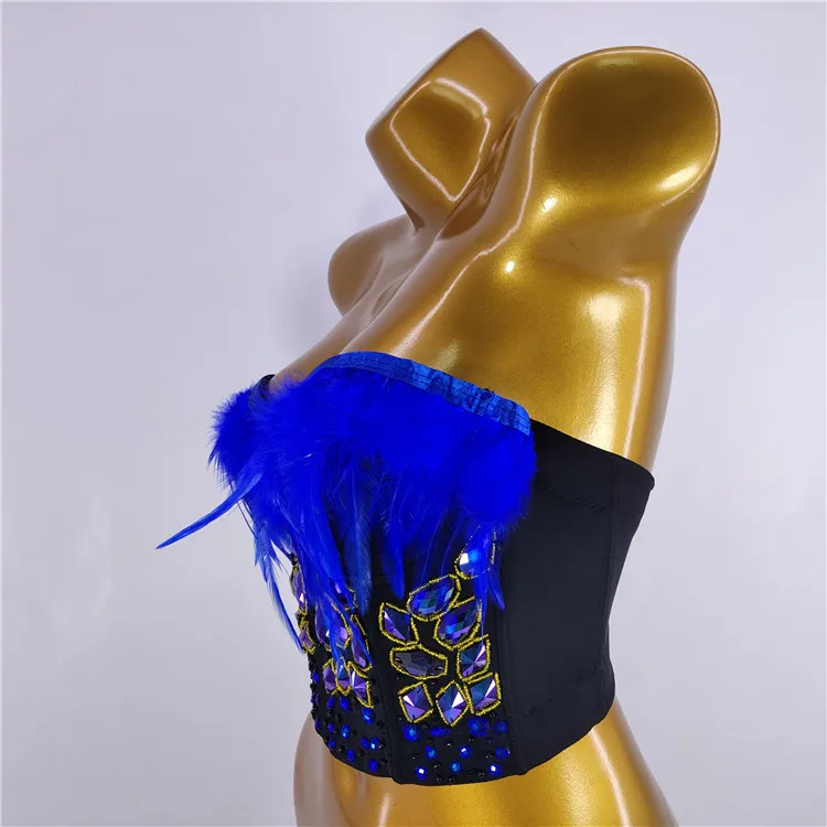 

Nightclub Sexy Feather Tube Top Beauty Back off-Shoulder Spaghetti Straps Pearl Tassel Wrapped Chest Short Stage Costume