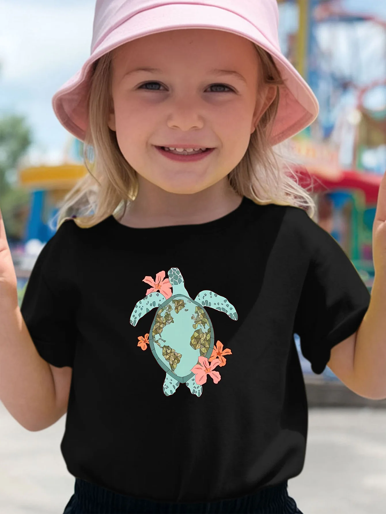 World Map Sea Turtle Floral Nature Pattern Print Kids T Shirt Boys Girls Short Sleeve Cotton Family Matching Toddler Daily Tops