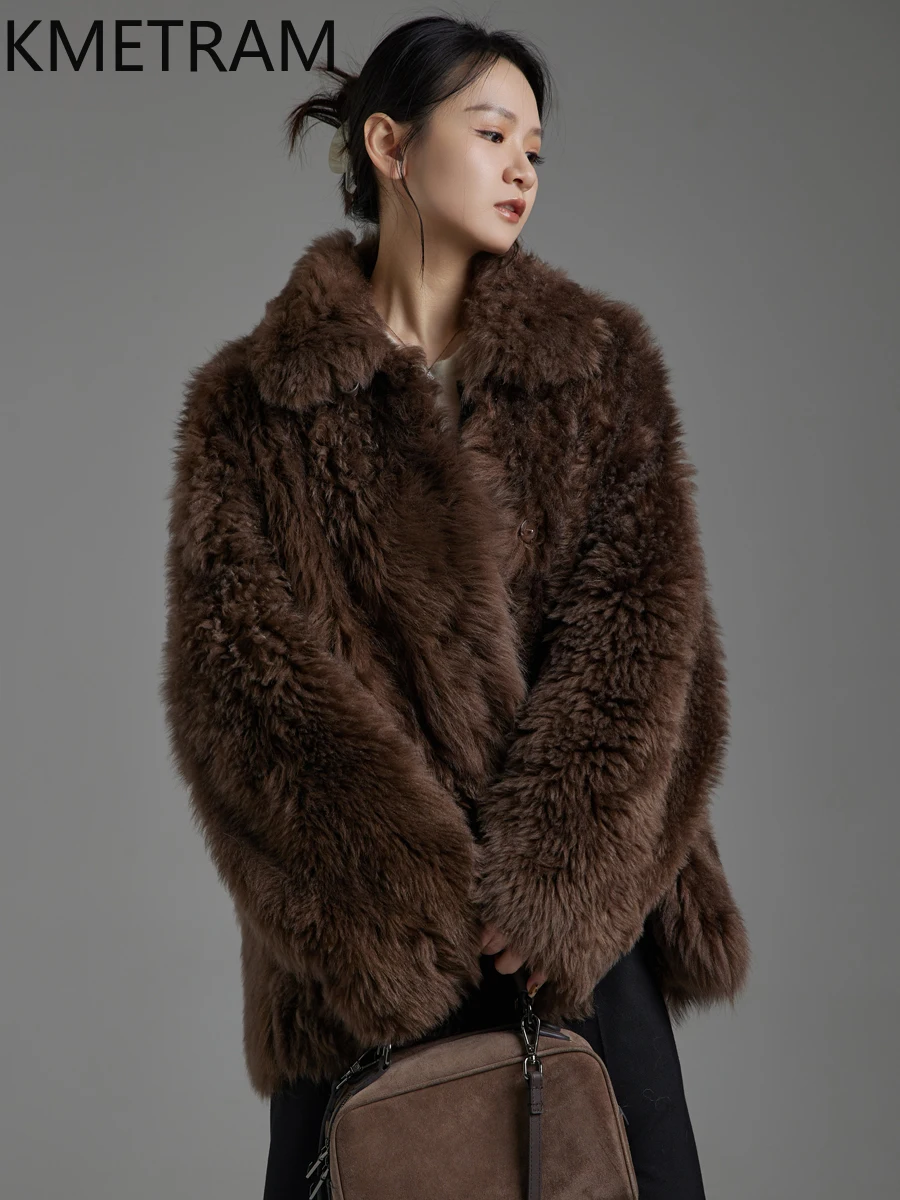 KMETRAM 100% Natural Tuscany Wool Sheepskin Fur Jacket Woman Square-Cut Collar Mid-Length Coat Women Winter Clothes 2025 шуба