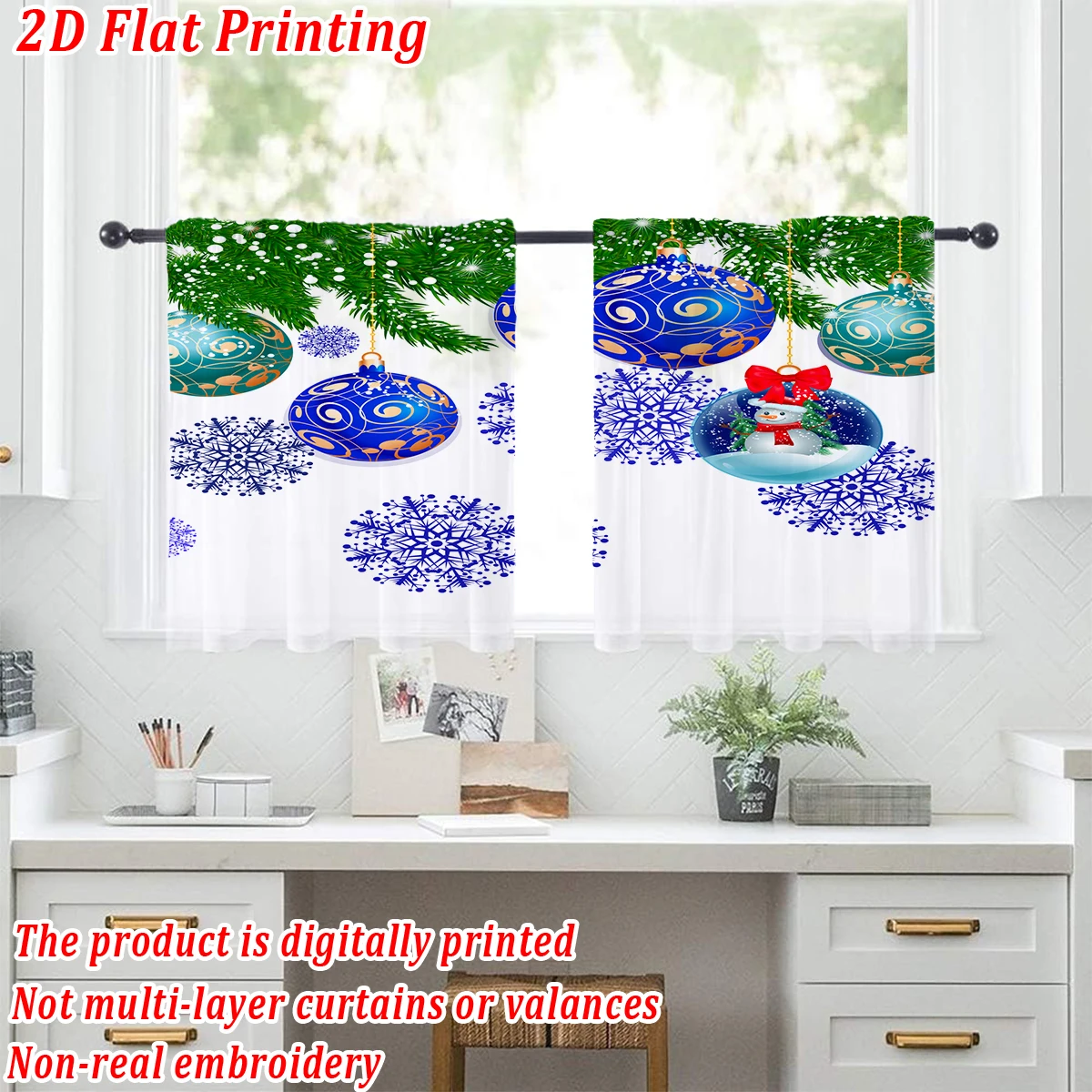 Christmas Flat Printing Kitchen Sheer Curtain with Merry Christmas Ball Snowflake Pine Branch For Christmas Home Decor  Party
