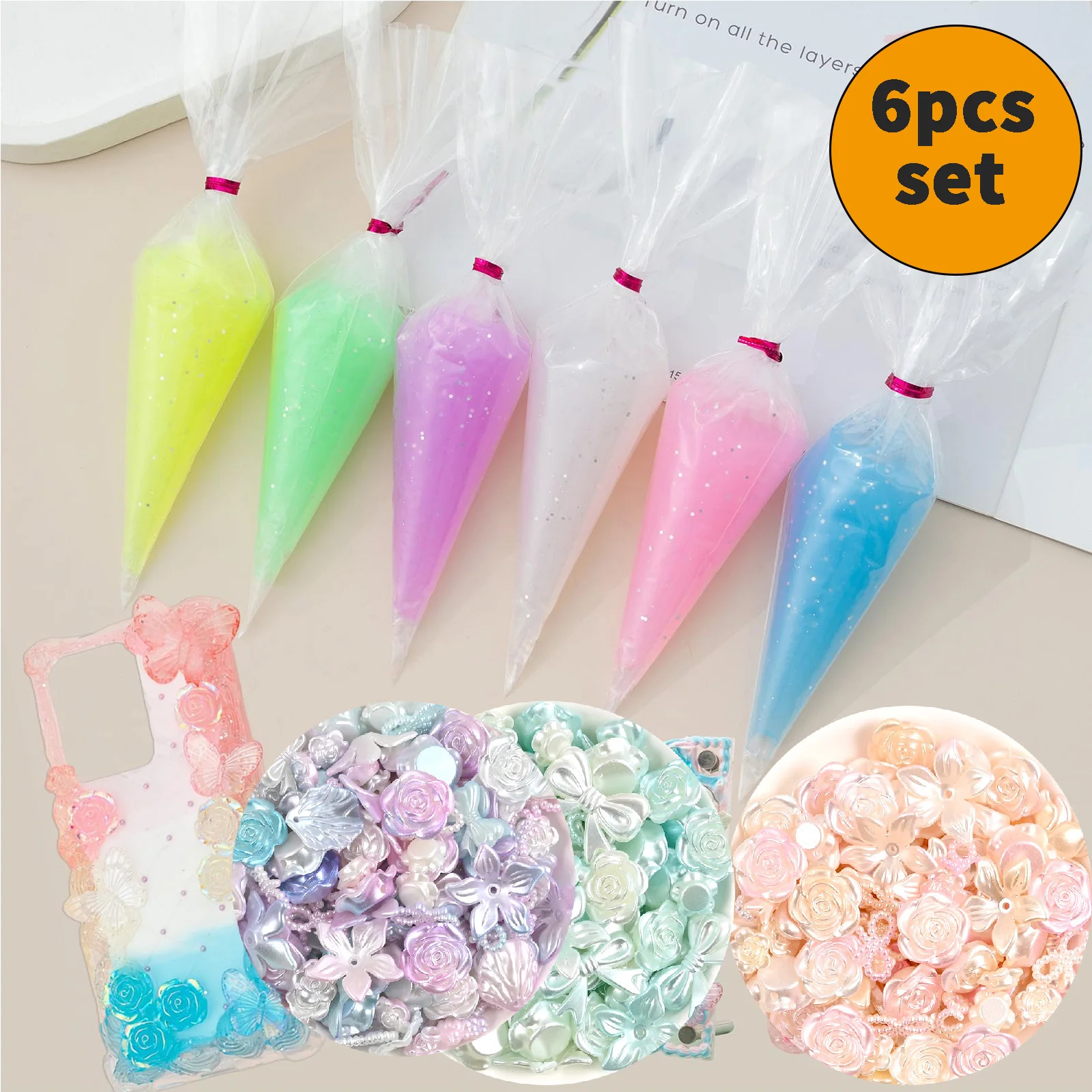 

6PCS 60g Cream Fake Whipped Cream Glue Kit, Fake Icing Whipped Clay Decoden Cream Kit Glitter Set Contains 150g bow accessories