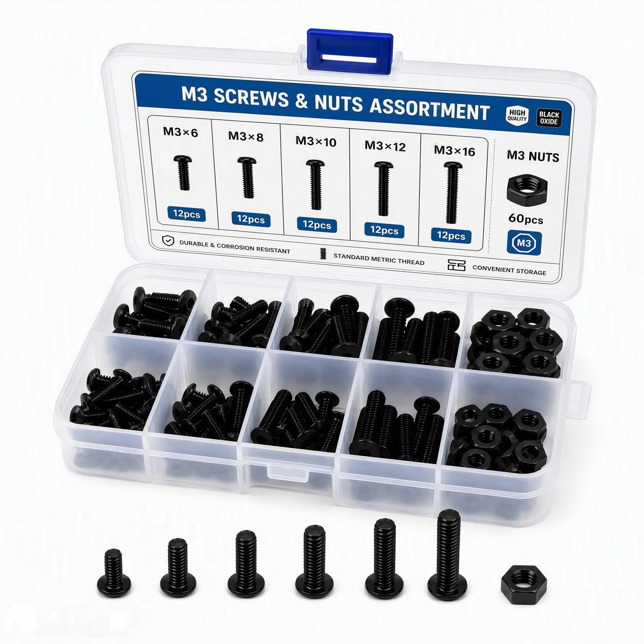 120pcs M3 Black A2 Stainless Steel Allen Hex Socket Head Bolts Ultra Thin Flat Wafer Head Screws for Durable Hardware Applicatio