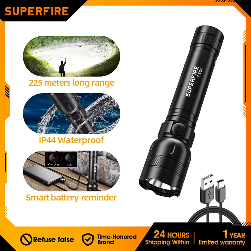 SUPERFIRE GTS6 Mini High Power EDC LED Flashlight USB-C Rechargeable Built in 18650 Battery Ultra Bright Torch Camping Lantern