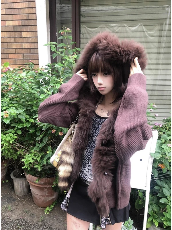 

Американский дизайн, худи с большим меховым воротником, женская осенне-зимняя новинка, свободный вязаный топ в стиле оверсайз, модный женский свитер