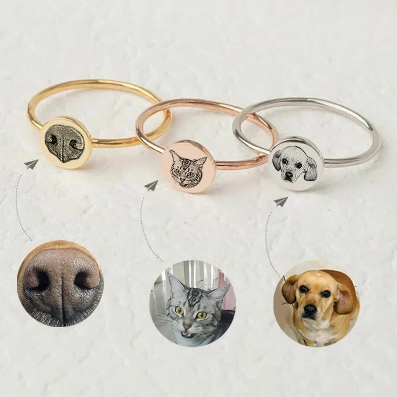 Custom pet paw prints and head portrait ring photos Custom carved circular rings Gift for pet lovers, jewelry for women