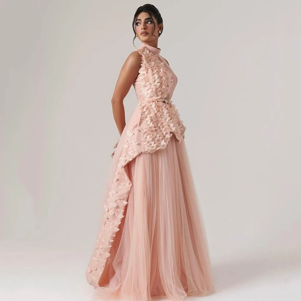 Abito da sera personalizzato in tulle rosa con scollo a O, applicazioni senza maniche, drappeggiato, abito da festa con strascico, abiti da ballo lunghi fino al pavimento