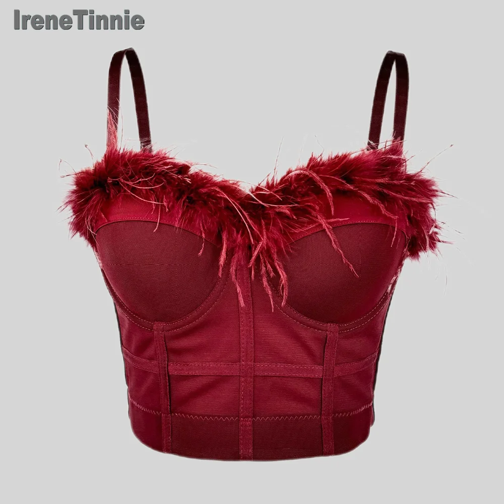 IRENE TINNIE 2024  French Angora Red  Camisole Push Up Bustier Bra Female Y2K  Feather Tassel Short Tank Top Cropped Tops