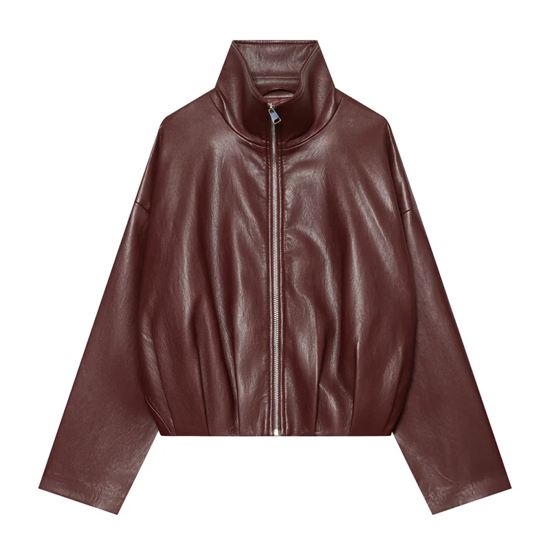 Guobioziy Women's Jacket 2026 Fall New Wine Red Long Sleeve Faux Leather Loose Stand Collar Jacket Parka Biker Stylish and Trend