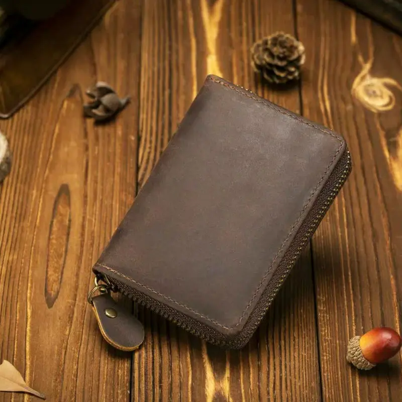 Frenzy Horse Leather Anti-Magnetic Multi-Card Pocket Accordian Bag Retro Leather Multi-functional Mini Zero Wallet