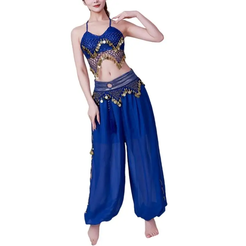 652F Conjunto fantasia dança do ventre com renda, moedas, sutiã, top, lanterna, calças, fantasia Halloween