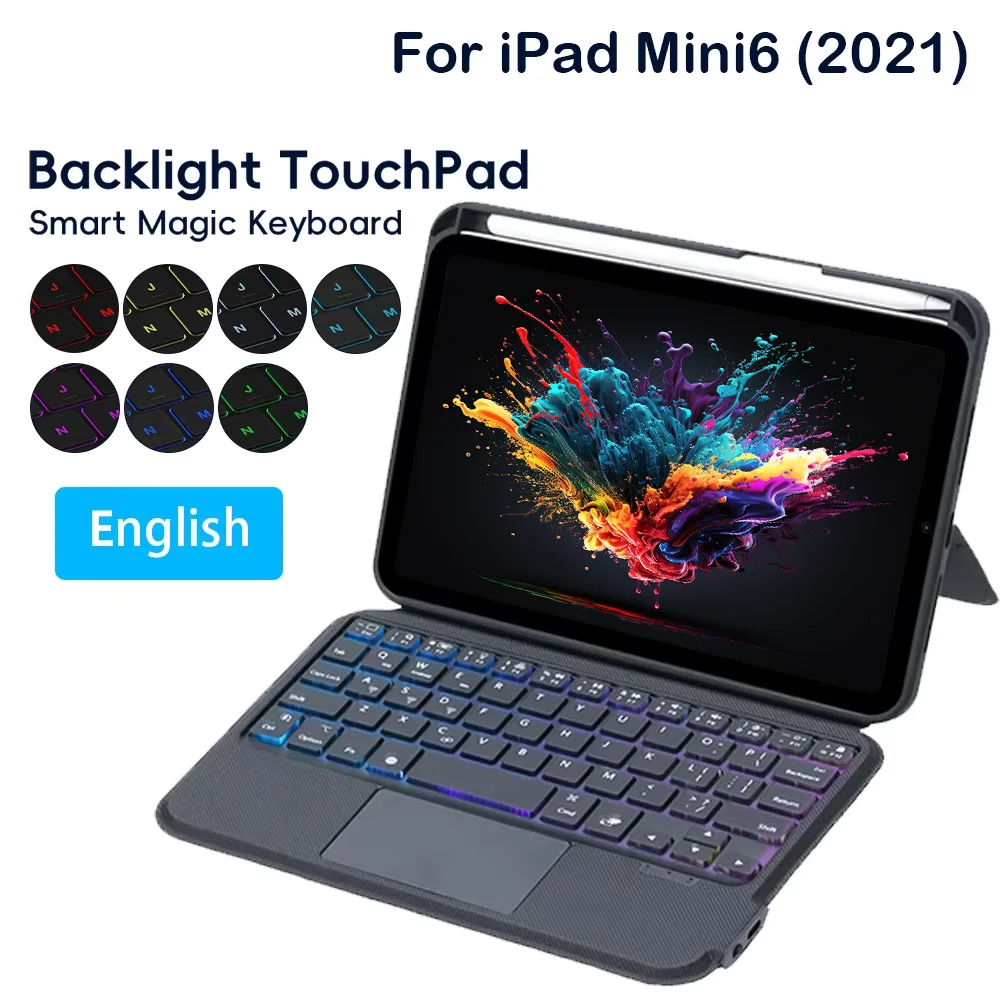 Split Keyboard Case for Apple iPad Mini 6 th 2021 Smart Track Pad RGB Backlit Magnetic Typing Keyboard Leather Folio Touch Cover