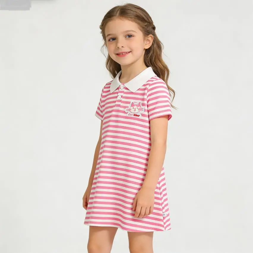 2026 Neues koreanisches Kinderkleid, Mädchen Sommer Casual Cartoon Gestreiftes Kurzarm-Prinzessinnenkleid mit Revers – Detail 2